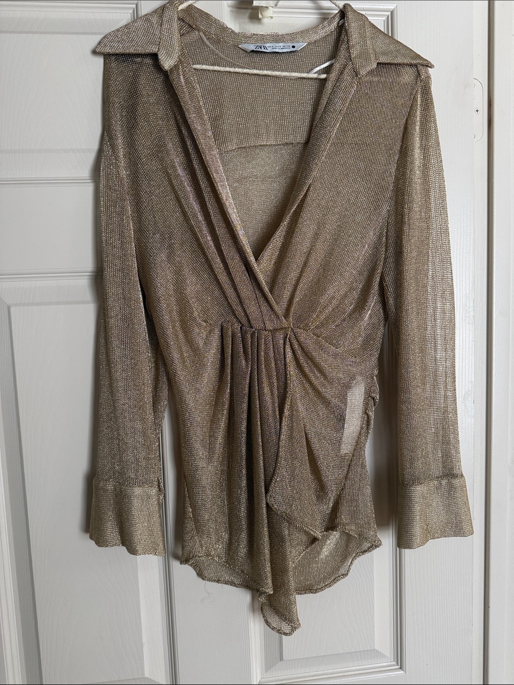 ZARA Metallic Gold Wrap Blouse - Sheer Long Sleeve